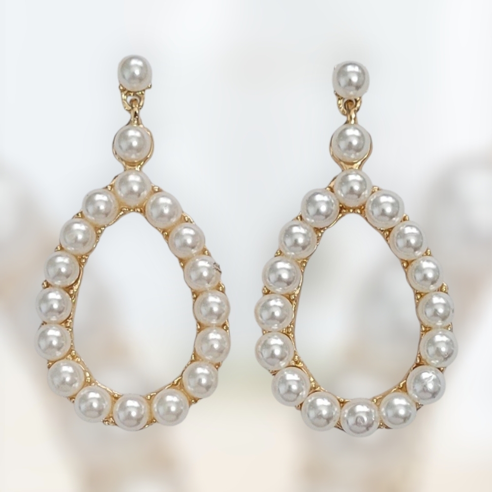 Gold Tone And Pearl Studded Teardrop Earrings New